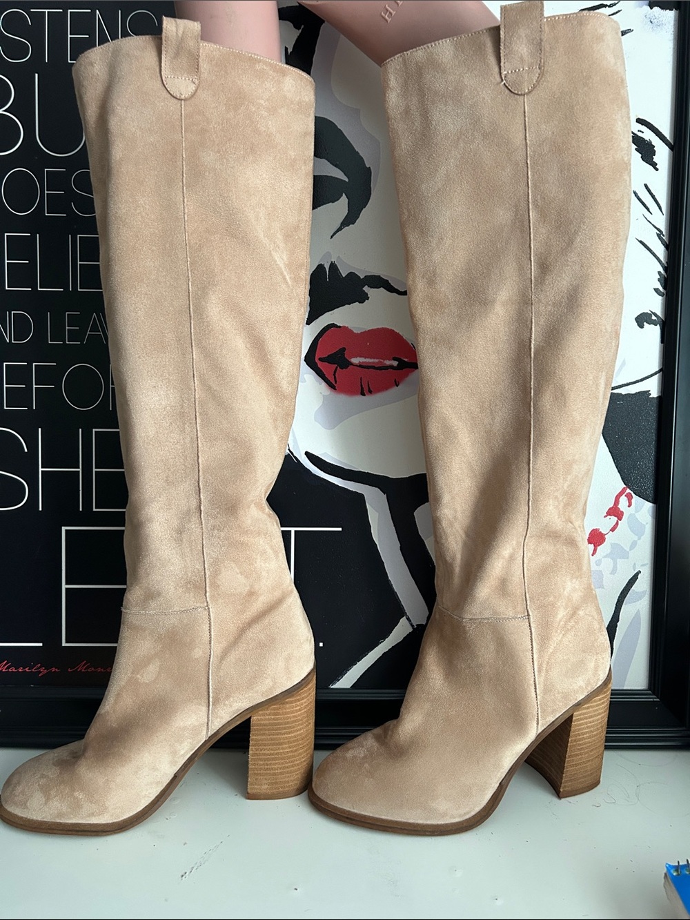 Oasis Beige Suede Knee-High Block Heel Boots